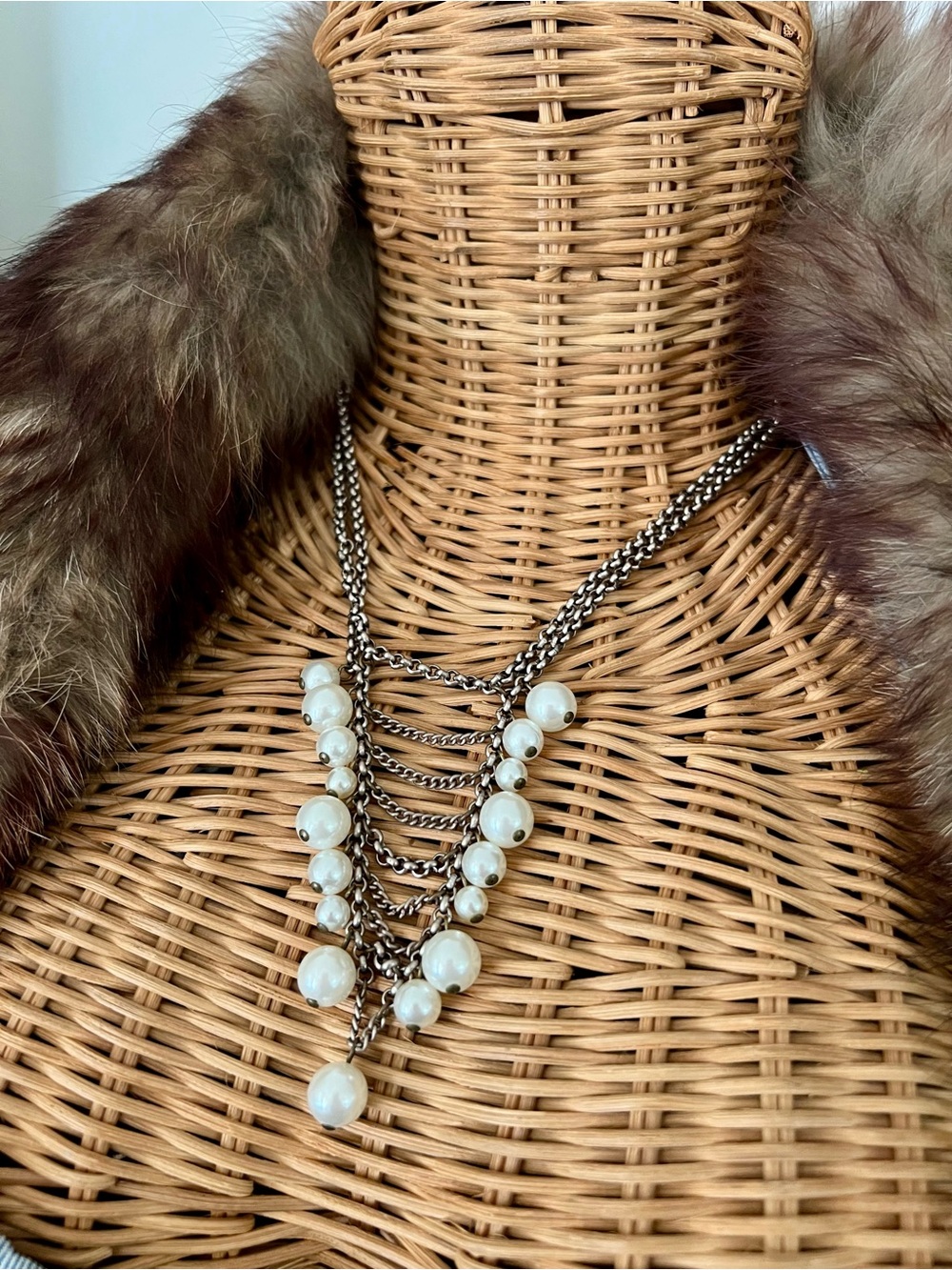 Sabika White Pearl Multi-Strand Drop Necklace on Silver Chains